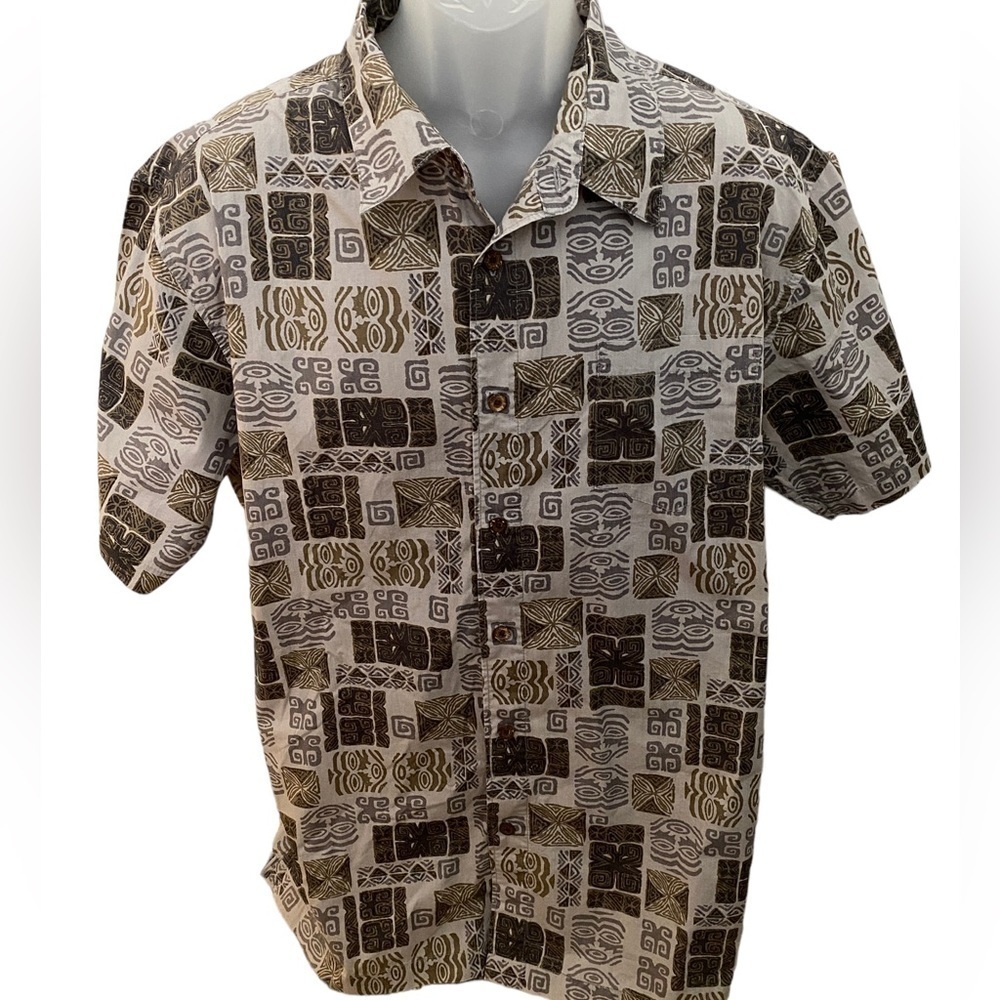 QUIKSILVER Aloha Hawaiian Tropical Grey & Olive Green Shirt Men XL